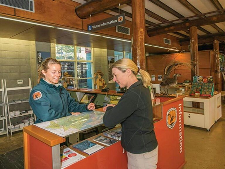 An NPWS staff member and a visitor looking at a map in Royal National Park Visitor Centre, Royal