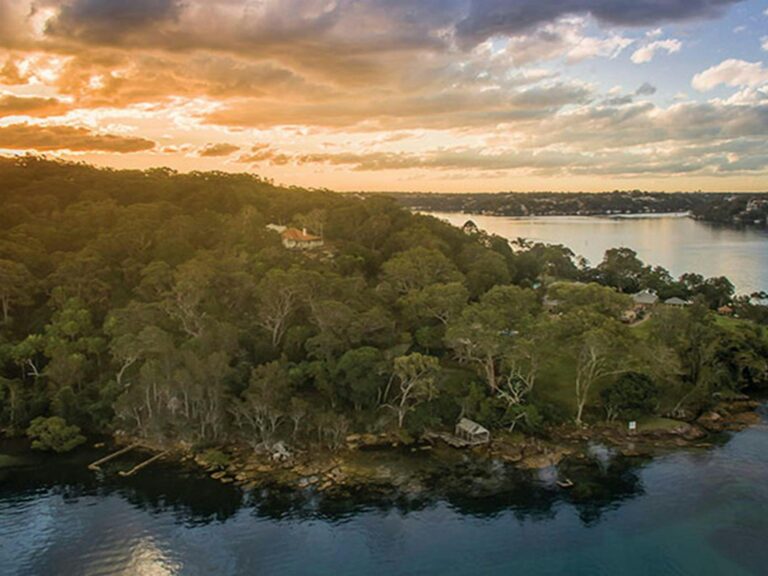 Aerial view of Hilltop Cottage and Port Hacking in Royal National Park. Photo: John Spencer ©