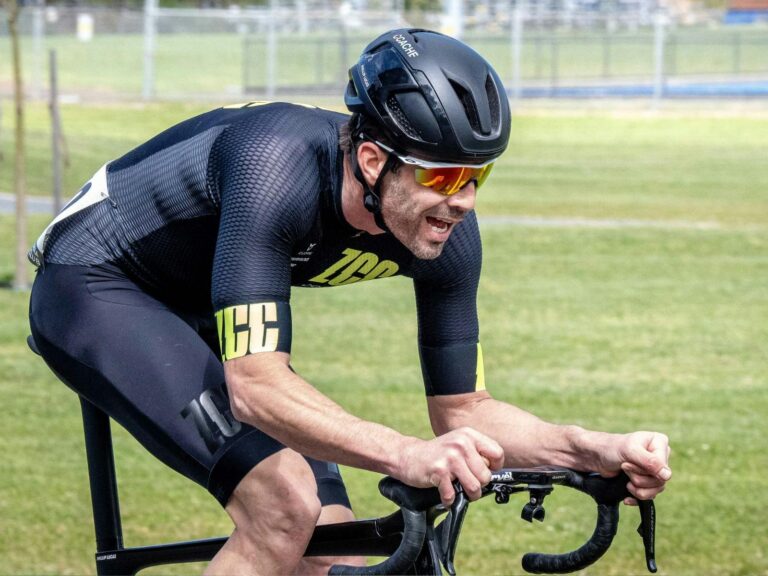 Road racing cyclist competing in a race