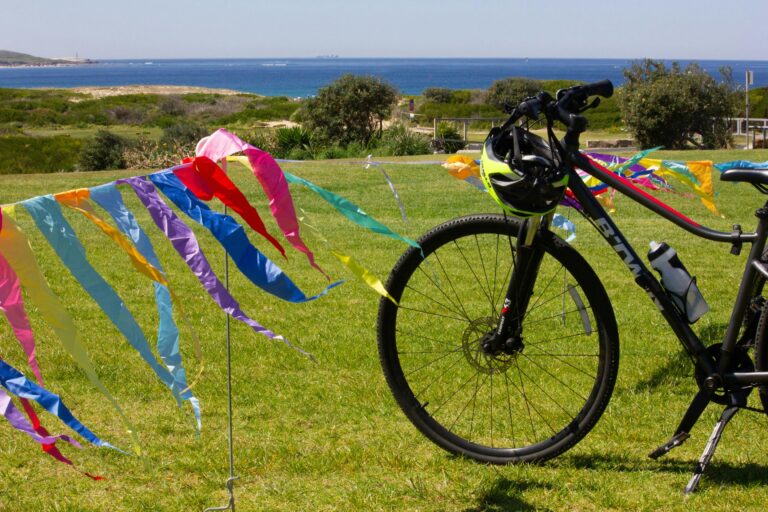 A bike and colourful flags with the beach in the background
