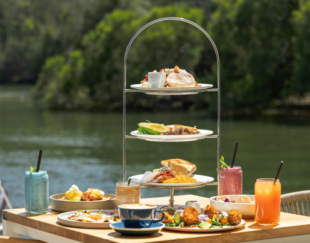 Seafood platter on a table overlooking the water