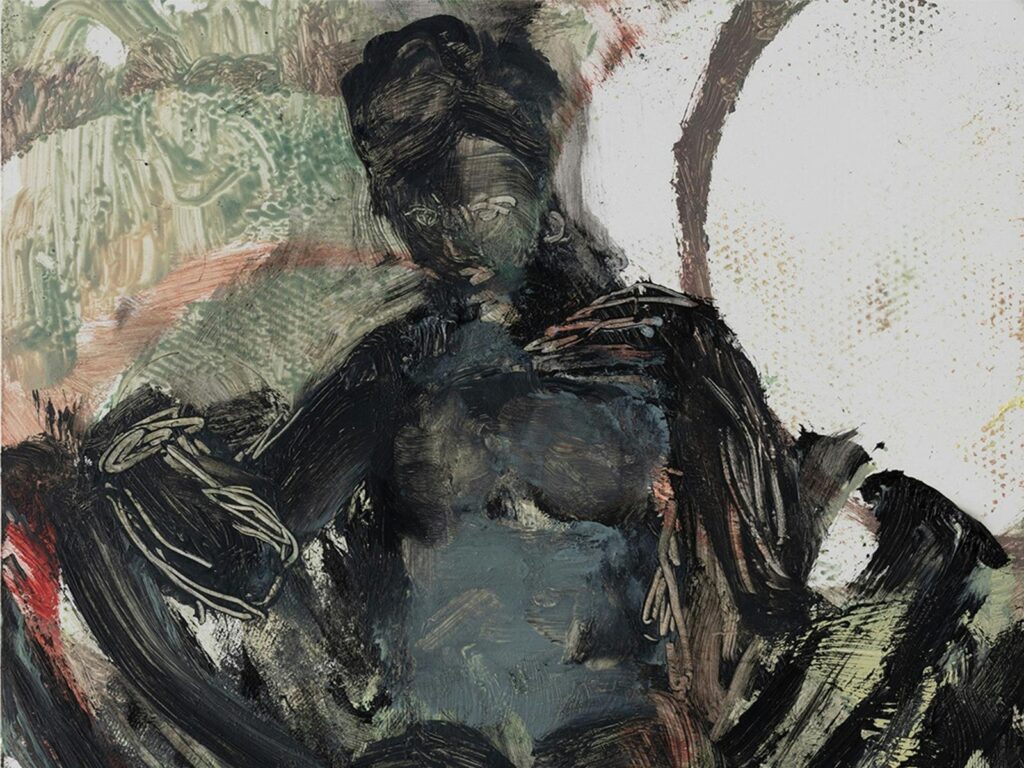 An expressive oil painting depicting a seated figure rendered in dark, gestural brushstrokes.