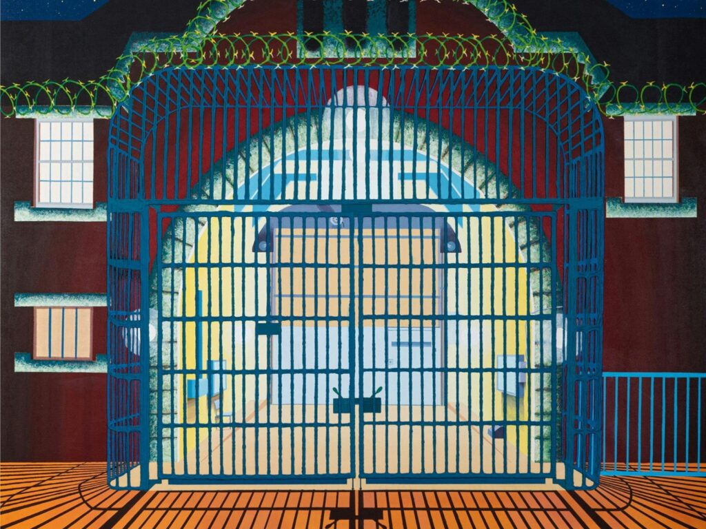 A vivid painting depicting the entrance gates of a large institutional building at night.