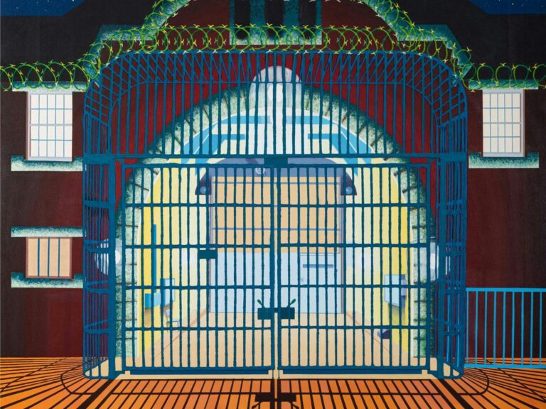 A vivid painting depicting the entrance gates of a large institutional building at night.